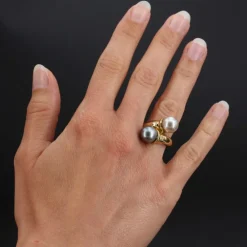 Bague duo perle blanche et perle grise diamants