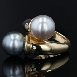 Bague duo perle blanche et perle grise diamants