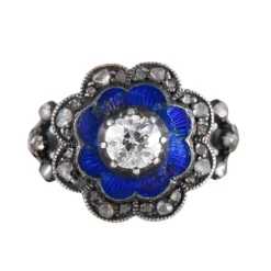 Bague Email bleu et Diamants