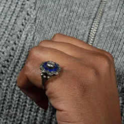 Bague Email bleu et Diamants