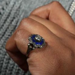 Bague Email bleu et Diamants