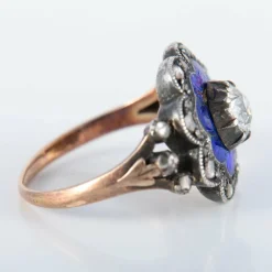 Bague Email bleu et Diamants