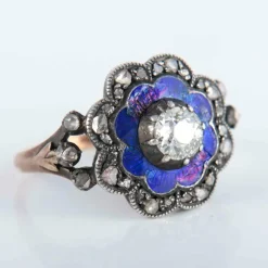 Bague Email bleu et Diamants