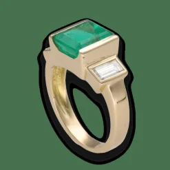 Bague Emeraude et diamants baguettes en or jaune