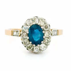 Bague en grappe de platine et diamants et saphirs