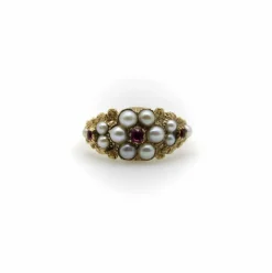 Bague en or 15 carats avec perle et rubis, style victorien précoce