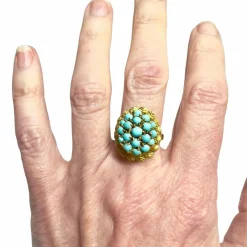 BAGUE EN OR 18 KT AVEC TURQUOISE, DESIGN RÉTRO DES ANNÉES 40