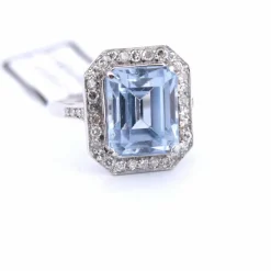 BAGUE EN OR BLANC 18 KT - AIGUE-MARINE ET DIAMANTS - ART DÉCO'