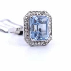 BAGUE EN OR BLANC 18 KT - AIGUE-MARINE ET DIAMANTS - ART DÉCO'