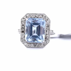 BAGUE EN OR BLANC 18 KT - AIGUE-MARINE ET DIAMANTS - ART DÉCO'