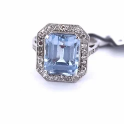 BAGUE EN OR BLANC 18 KT - AIGUE-MARINE ET DIAMANTS - ART DÉCO'