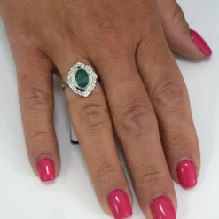 BAGUE EN OR BLANC 18 KT - ÉMERAUDE ET DIAMANTS - STYLE DÉCO