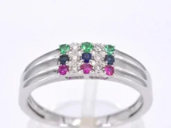 Bague en or blanc avec diamant et pierres précieuses multicolores