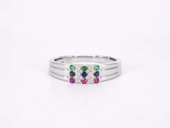 Bague en or blanc avec diamant et pierres précieuses multicolores