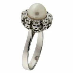 Bague en or blanc avec perle et diamants