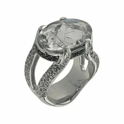 Bague en or blanc, quartz cristal de roche et diamants naturels
