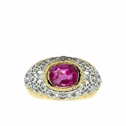 Bague en or filigrane de diamants non chauffée avec rubis de Birmanie certifié vintage