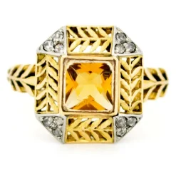 Bague en or jaune 18 carats avec diamants et citrine