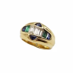 Bague en or jaune avec diamants, émeraudes et saphirs
