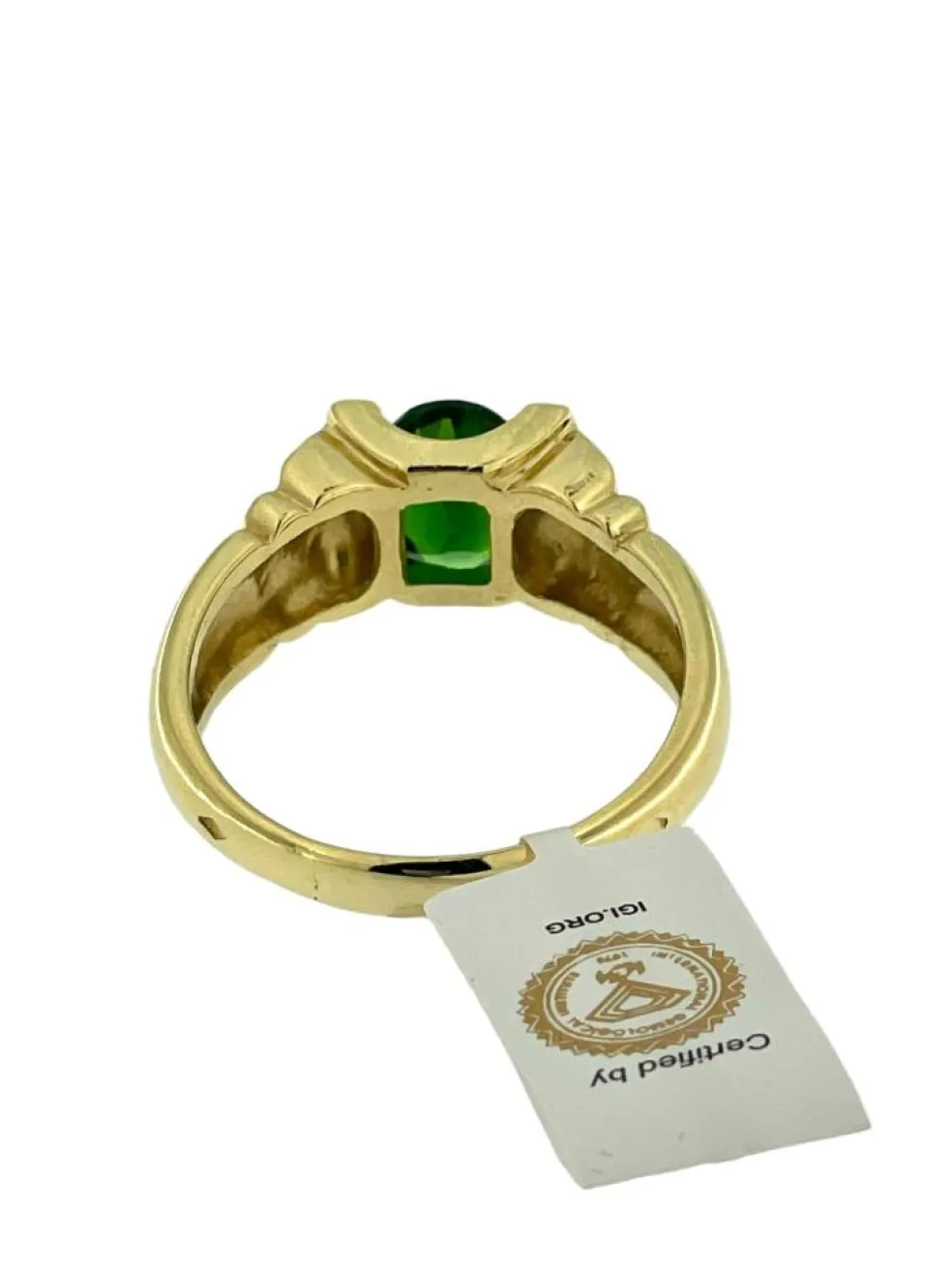 Bague en or jaune diamants et Diopside vert certificat IGI