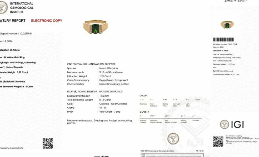 Bague en or jaune diamants et Diopside vert certificat IGI