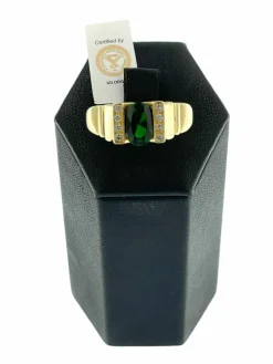 Bague en or jaune diamants et Diopside vert certificat IGI