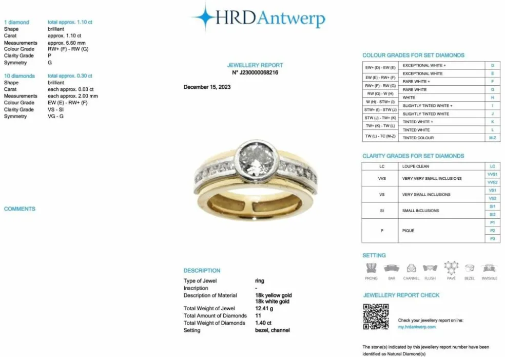 Bague en or jaune et blanc diamant 1.40ct certificat HRD