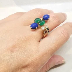 Bague en or jaune lapis lazuli, diamants et chrysoprases