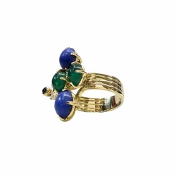 Bague en or jaune lapis lazuli, diamants et chrysoprases