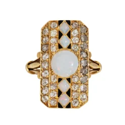Bague en or jaune, opale et diamants, style victorien antique, avec émail
