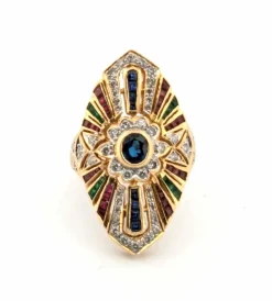 Bague en or jaune ornée de saphirs, de diamants, de rubis et d'émeraudes