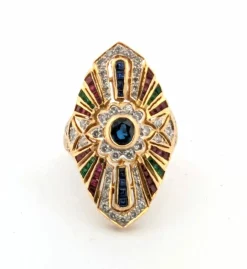 Bague en or jaune ornée de saphirs, de diamants, de rubis et d'émeraudes