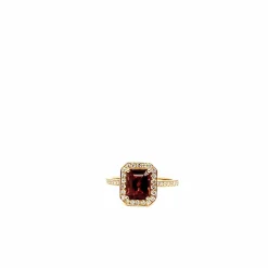Bague en or rose 18 carats avec tourmaline taille émeraude et pavage de diamants