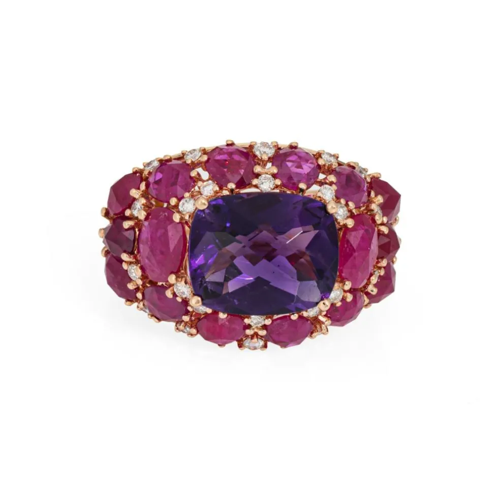 Bague en or rose 18 carats avec améthyste, rubis et diamants, bijou en pierres précieuses