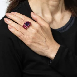 Bague en or rose 18 carats avec améthyste, rubis et diamants, bijou en pierres précieuses