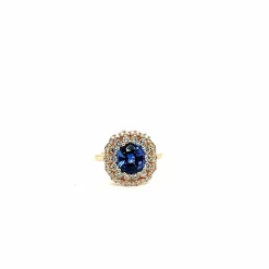 Bague en or rose 18 carats avec saphir bleu de Ceylan taille coussin et diamants