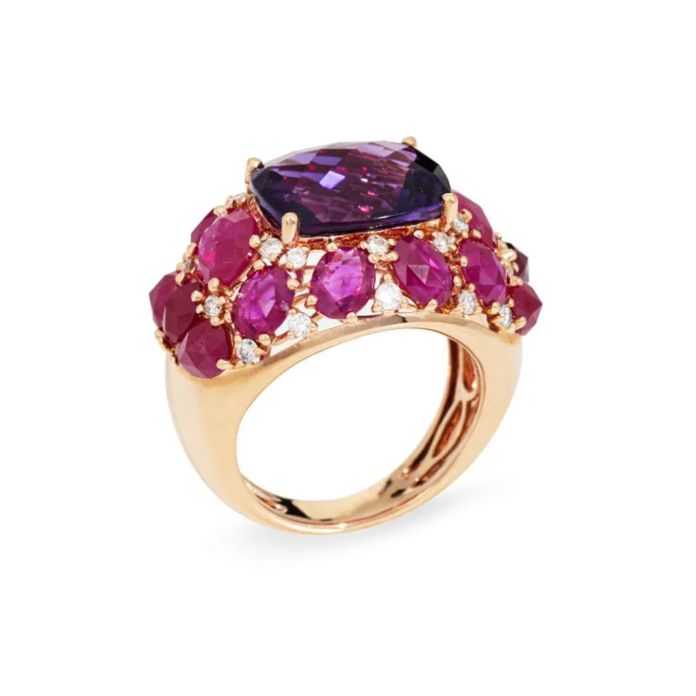 Bague en or rose 18 carats avec améthyste, rubis et diamants, bijou en pierres précieuses