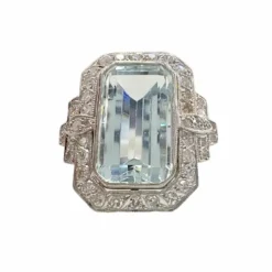 Bague en platine de style Art Déco avec aigue-marine et diamants