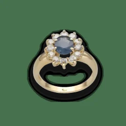 Bague entourage en or jaune 18K avec saphir Siam 1,50 ct et 0,60 ct de diamants H-SI – Taille 56