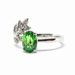 Bague feuille grenat tsavorite diamants or blanc