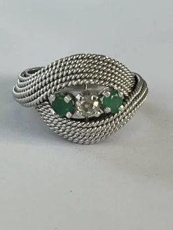 Bague Fils d'Or Jaune Torsadés Diamant Emeraudes