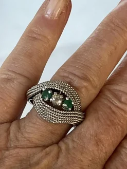 Bague Fils d'Or Jaune Torsadés Diamant Emeraudes