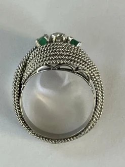 Bague Fils d'Or Jaune Torsadés Diamant Emeraudes