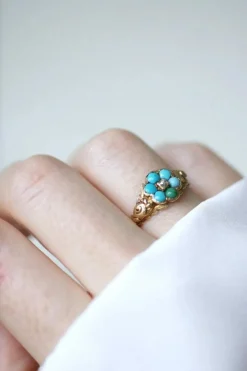 Bague fleur ancienne turquoises et diamant