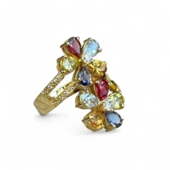 Bague fleur en or jaune et pierres fines