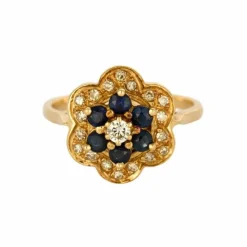 Bague fleur en or jaune, saphir et diamants