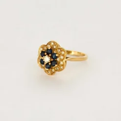 Bague fleur en or jaune, saphir et diamants