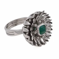 Bague Fleur Or gris Diamants Emeraude