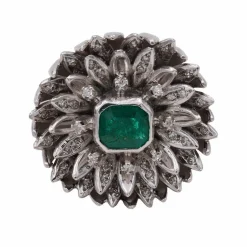 Bague Fleur Or gris Diamants Emeraude
