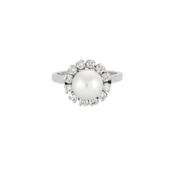 Bague Fleur Or gris Perle Diamants